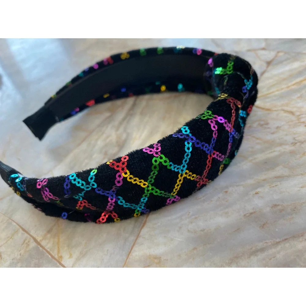 Black Velvet Rainbow Sequin Lattice Knotted Headband Top Knot Hair Accessory